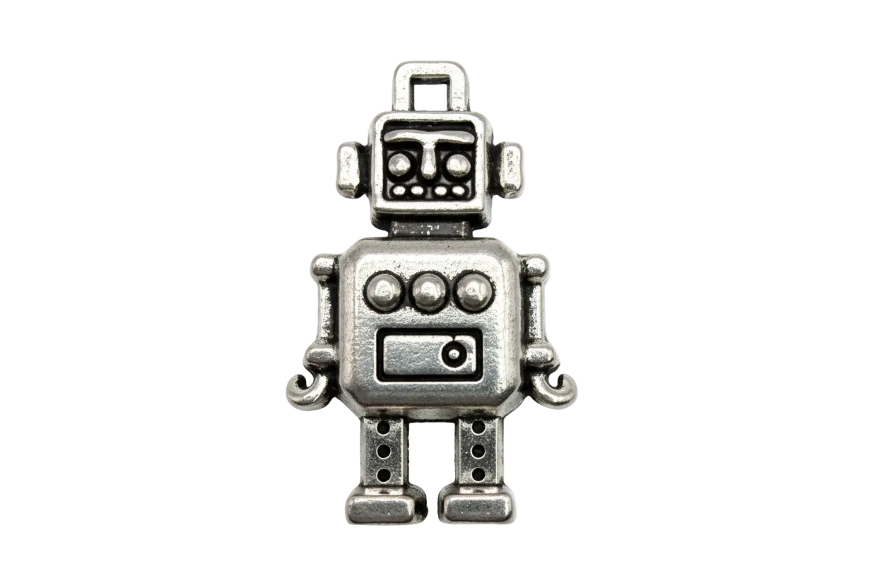 Oxidized silver robot figurine charm with geometric body and black recessed details