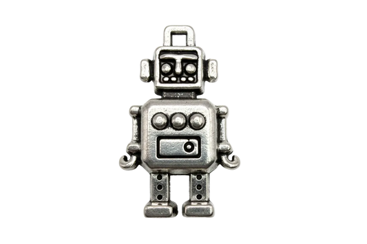 Oxidized silver robot figurine charm with geometric body and black recessed details