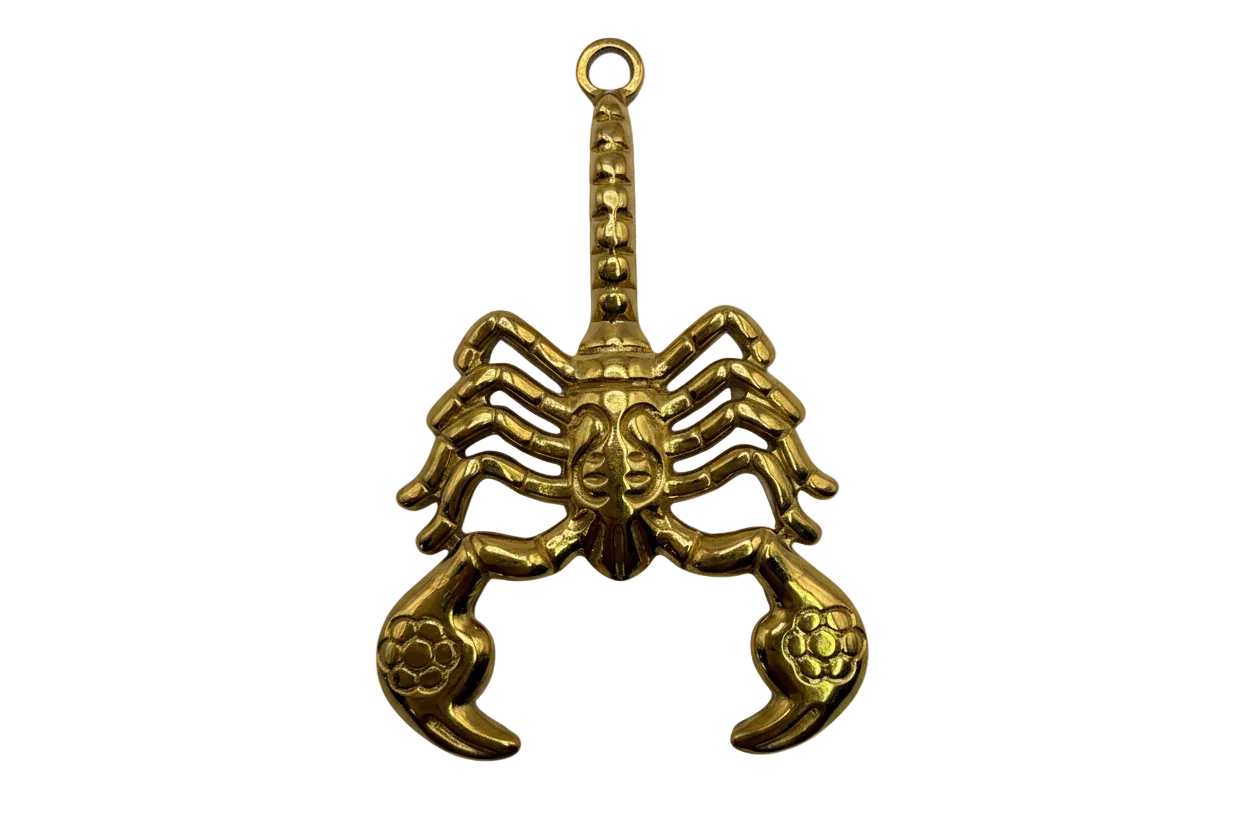 Gold sculpted scorpion charm with arched tail and detailed pincers on black background