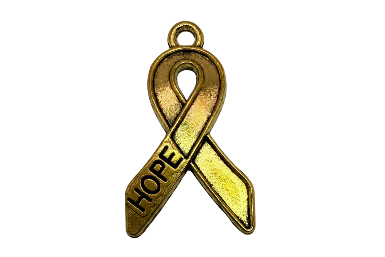 Gold awareness ribbon with raised HOPE lettering and polished finish