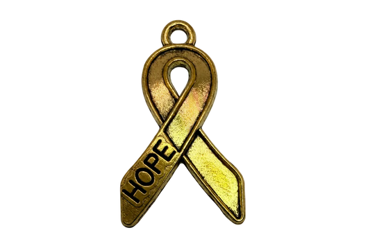Gold awareness ribbon with raised HOPE lettering and polished finish