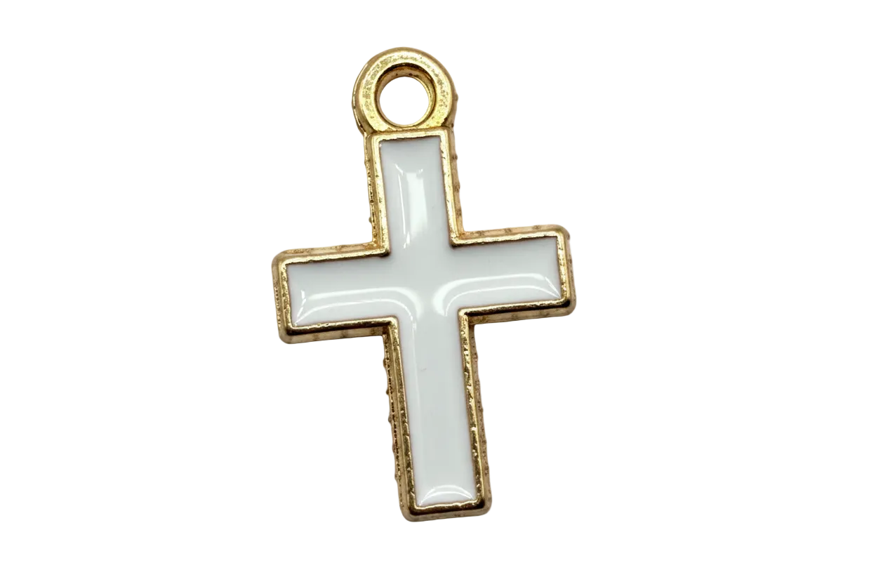 Glossy white enamel cross with gold outline on black background