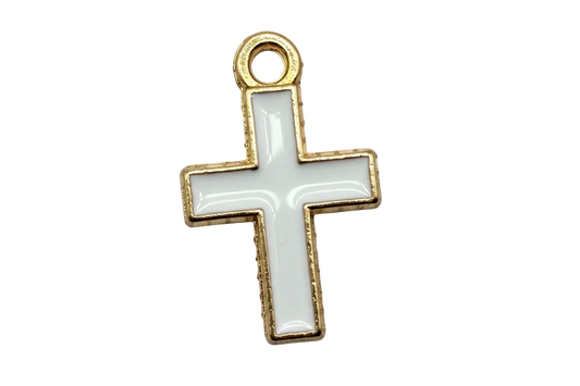 Glossy white enamel cross with gold outline on black background