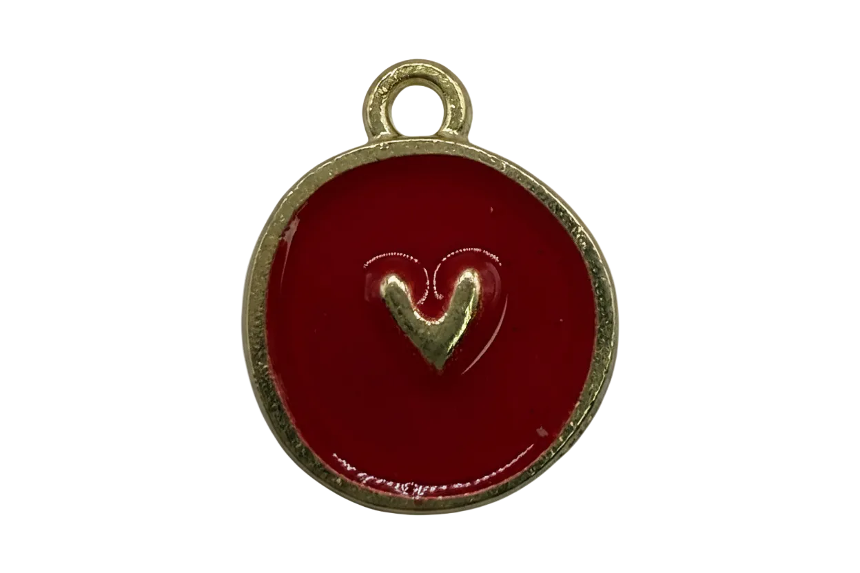 Crimson enamel round medallion with raised gold heart detail and gold rim
