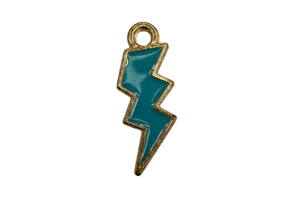 Glossy teal lightning bolt charm with textured gold outline on black background