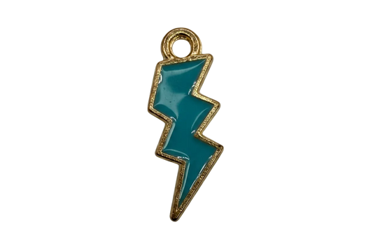 Glossy teal lightning bolt charm with textured gold outline on black background