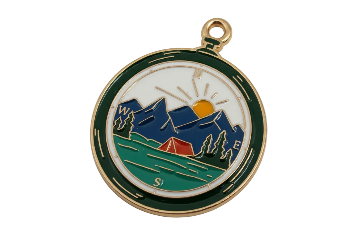 Round gold enamel compass medallion with mountains, sunrise, lake, trees, and a red tent