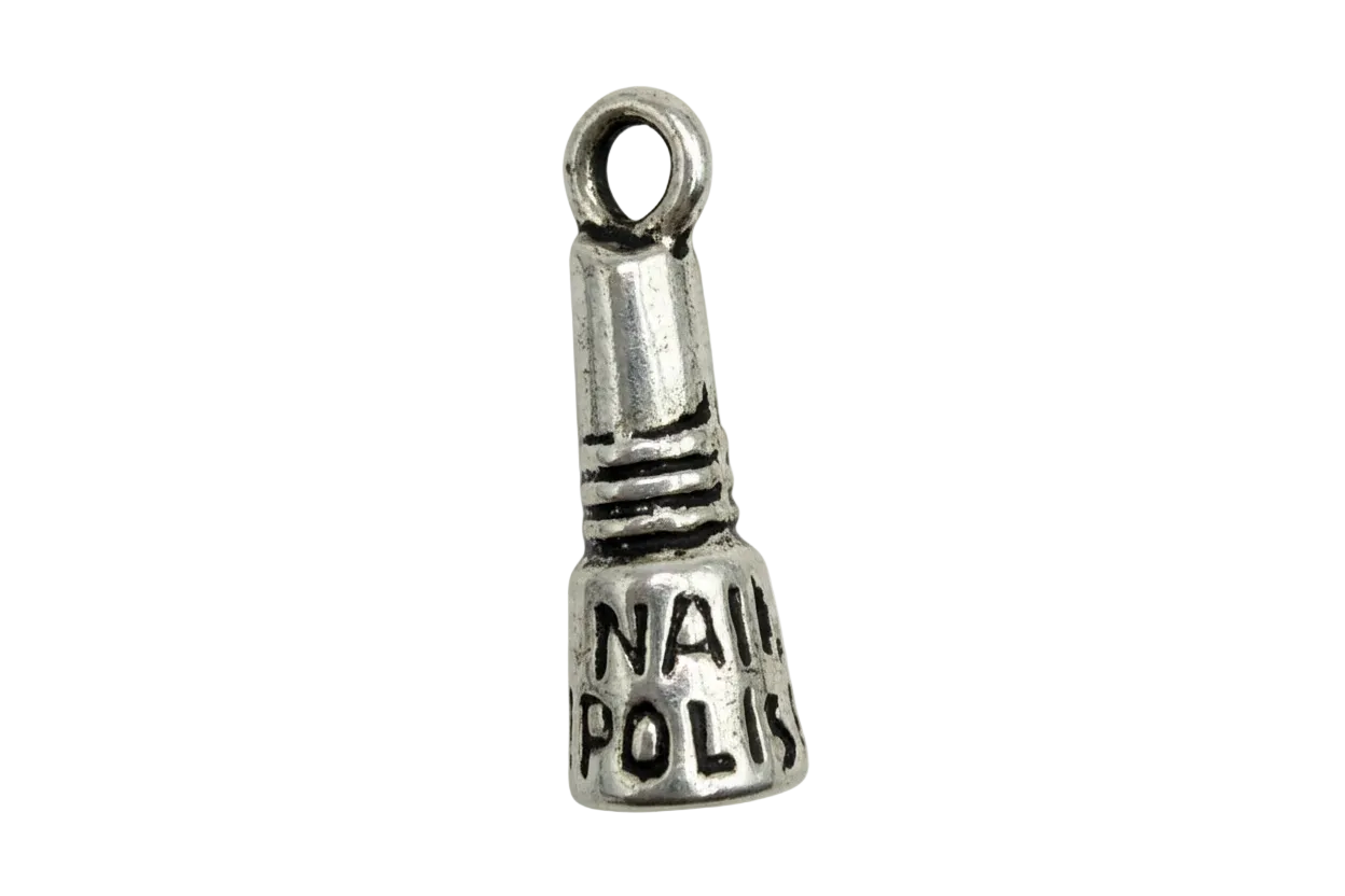 Antiqued silver nail polish bottle charm with black "NAIL POLISH" lettering
