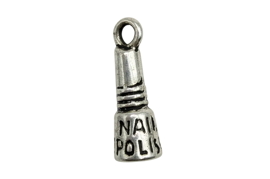 Antiqued silver nail polish bottle charm with black "NAIL POLISH" lettering