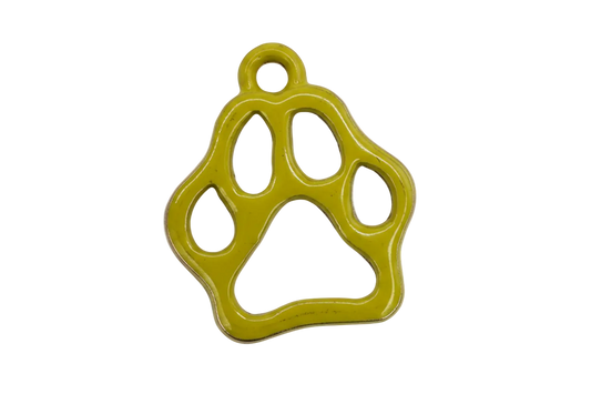 Glossy yellow paw print outline charm with cutout pads on gold-tone base