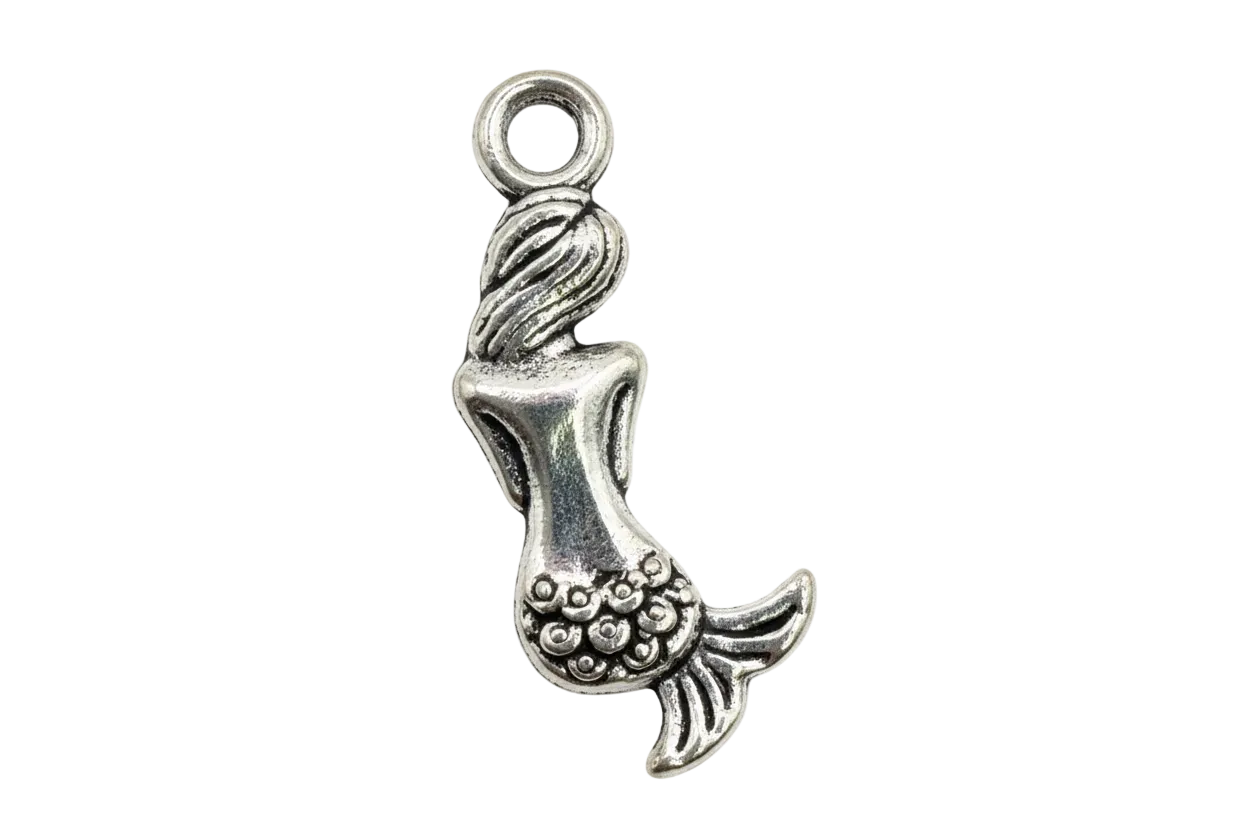 Antiqued silver mermaid tail with sculpted scales and fin detail