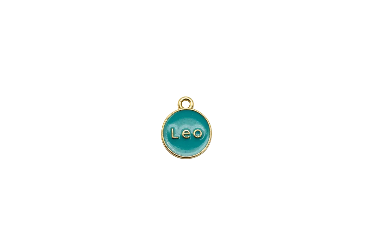 Teal round disc with raised gold "Leo" lettering