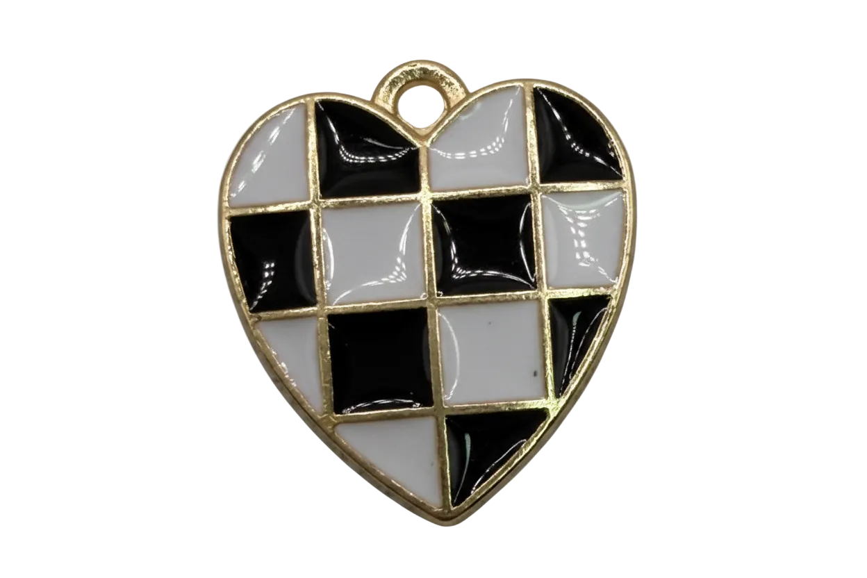 Gold heart with black and white checkerboard enamel panels, glossy finish