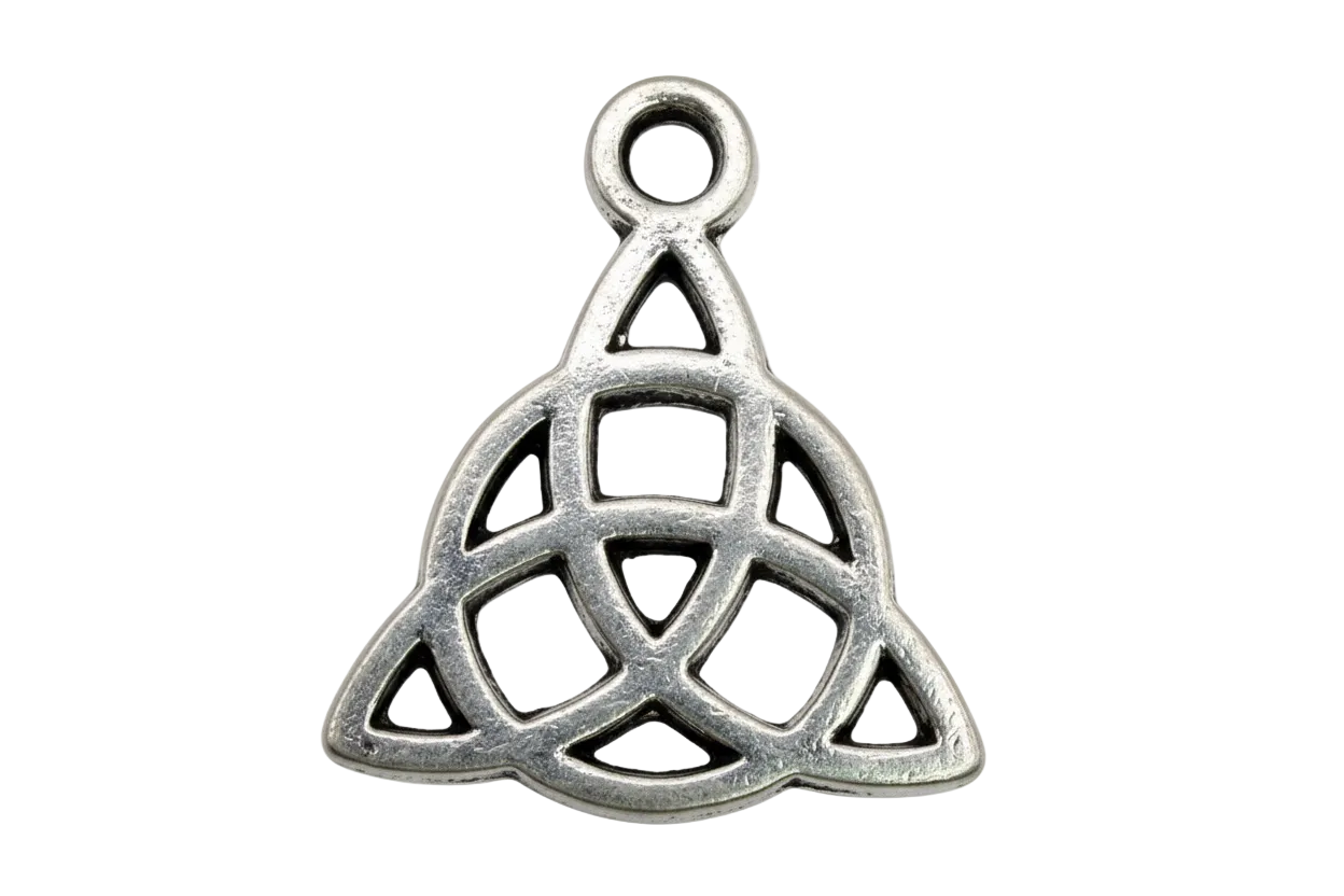 Antiqued silver openwork trinity knot symbol with geometric cutouts
