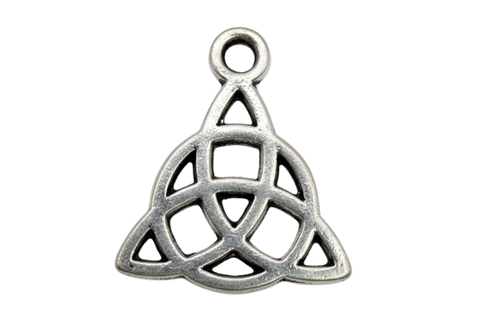 Antiqued silver openwork trinity knot symbol with geometric cutouts