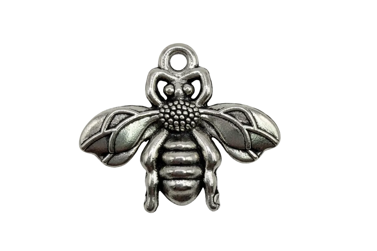 Antique silver bee charm with textured wings and detailed body