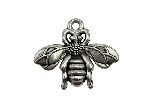 Antique silver bee charm with textured wings and detailed body