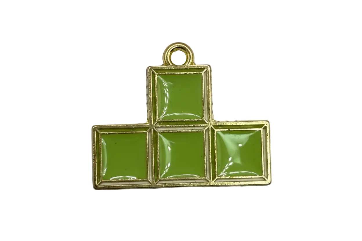 Glossy green enamel T-shaped block stack with gold outline