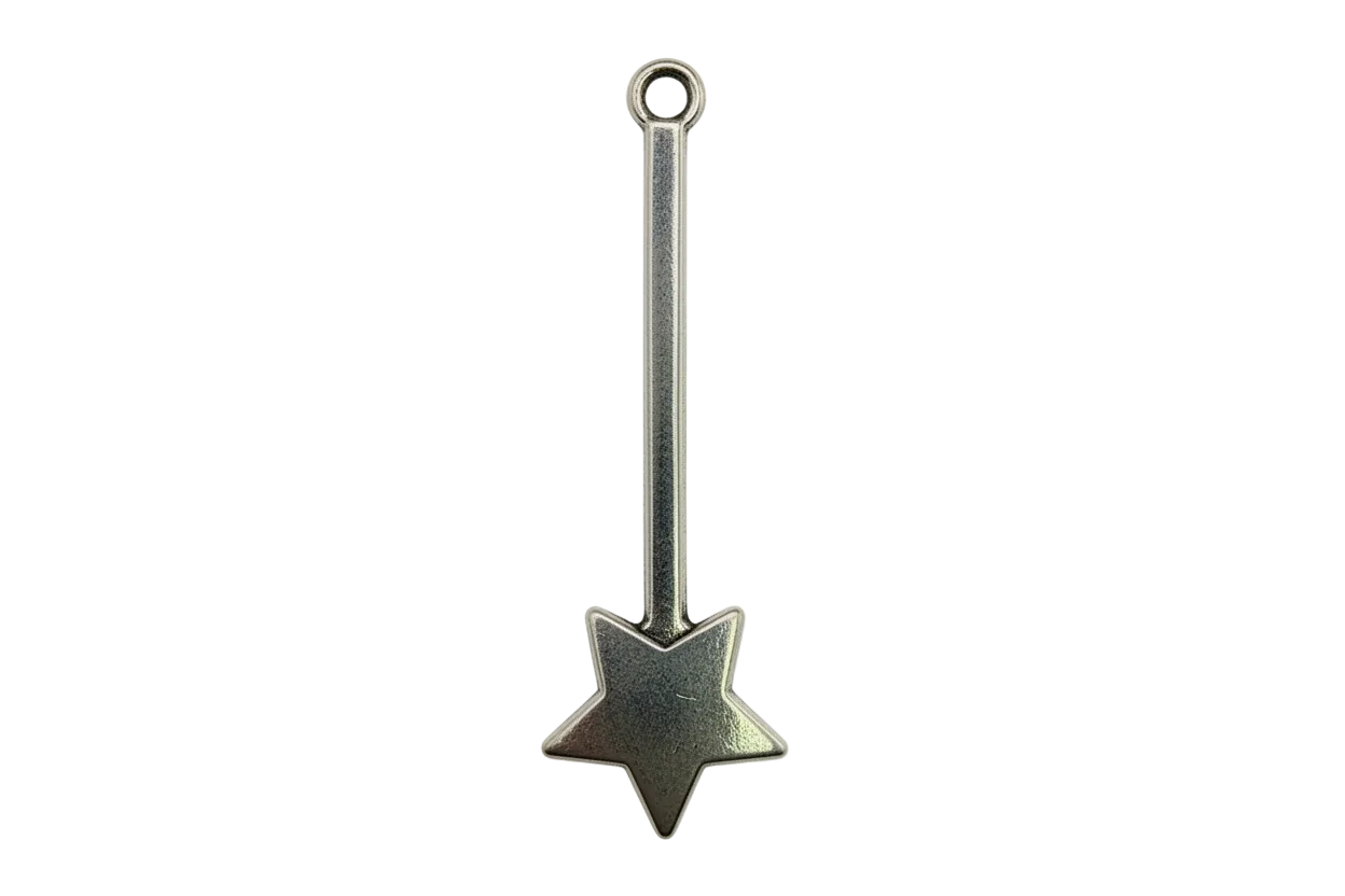 Antiqued silver star wand charm with a five-point star tip on a black background