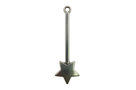 Antiqued silver star wand charm with a five-point star tip on a black background
