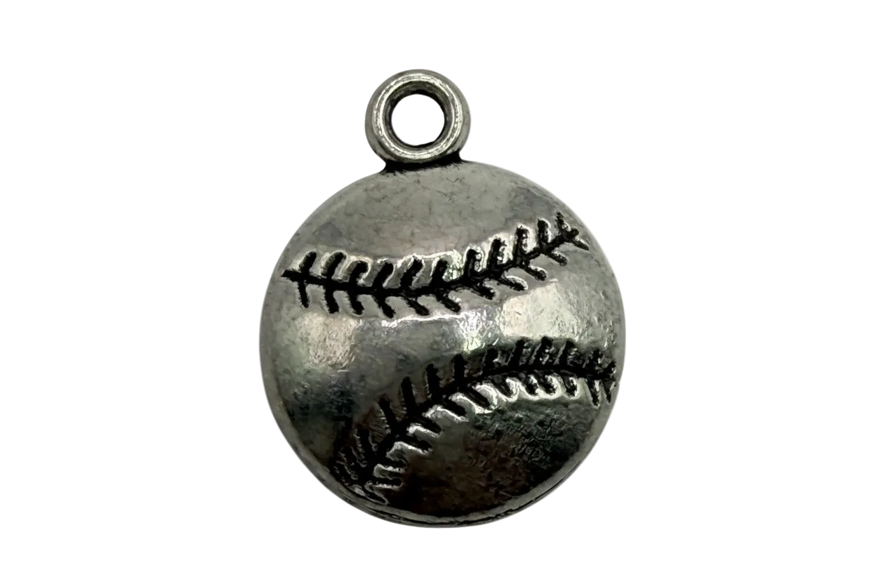Silver baseball sphere charm with engraved blackened stitching and textured finish