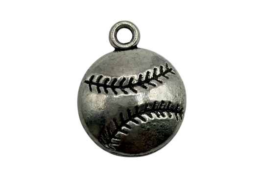 Silver baseball sphere charm with engraved blackened stitching and textured finish