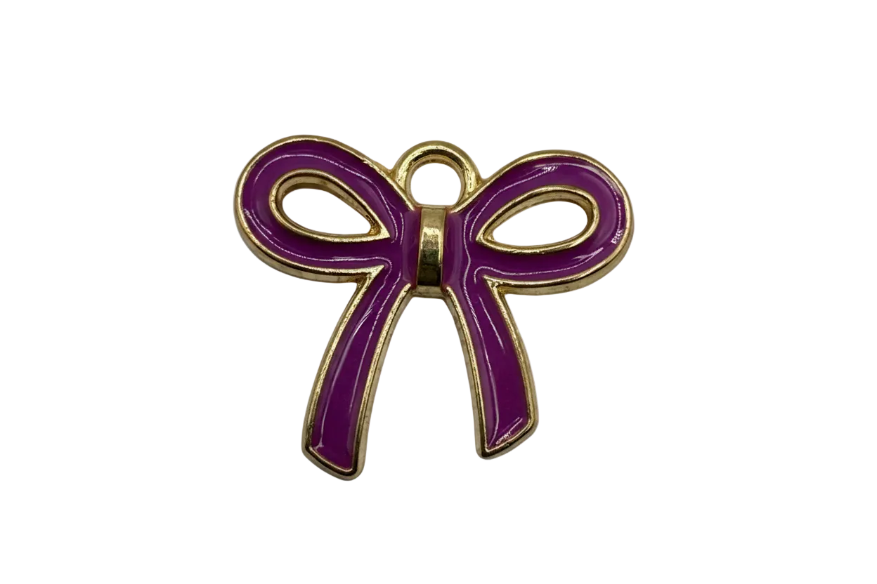 Glossy purple enamel bow ribbon with polished gold outline