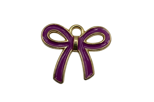 Glossy purple enamel bow ribbon with polished gold outline