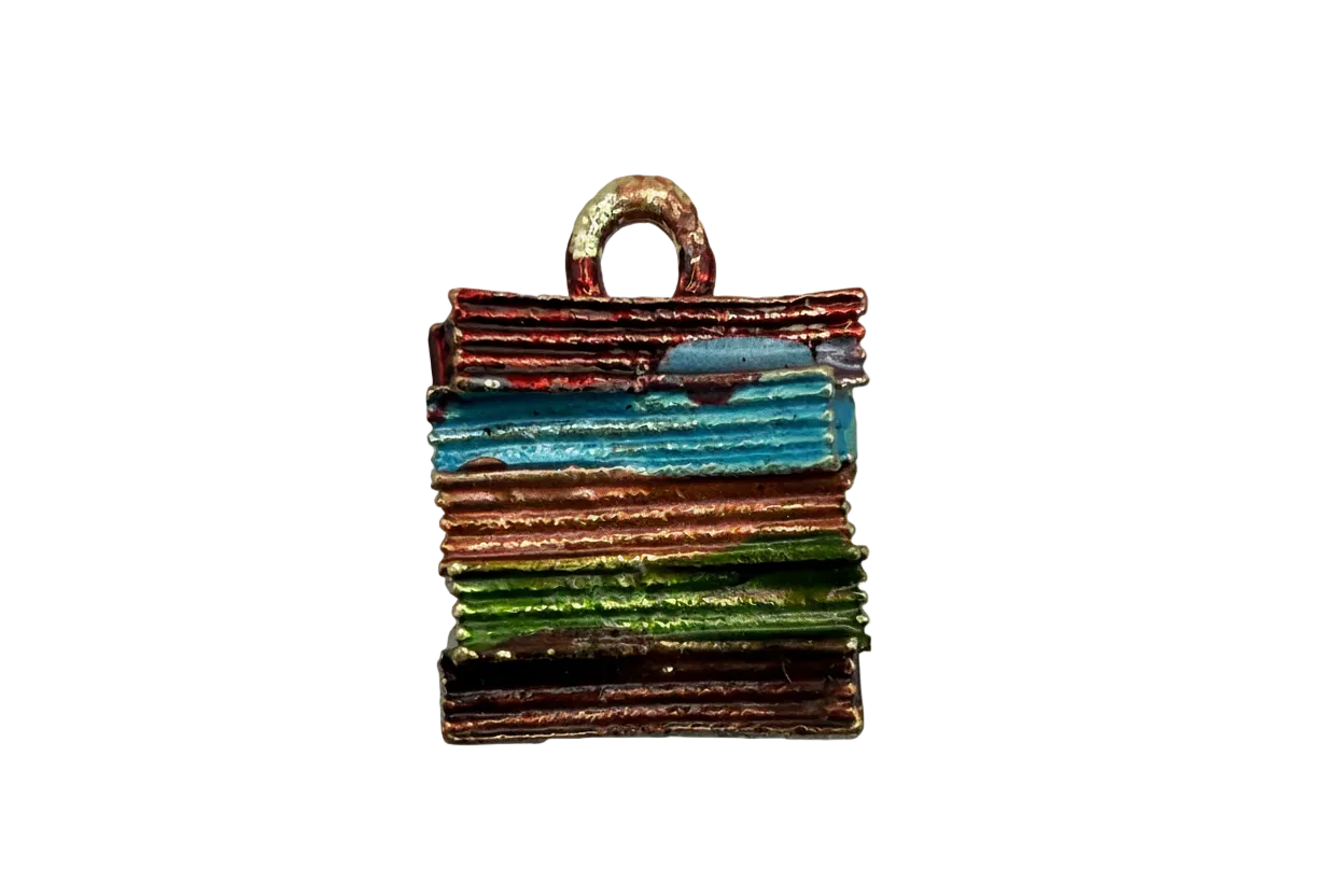Multicolor striped padlock charm in gold finish with teal and green enamel bands