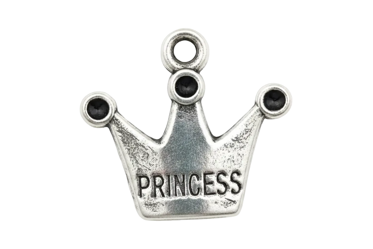 Antique silver crown charm with engraved “PRINCESS” lettering
