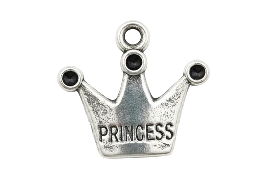 Antique silver crown charm with engraved “PRINCESS” lettering