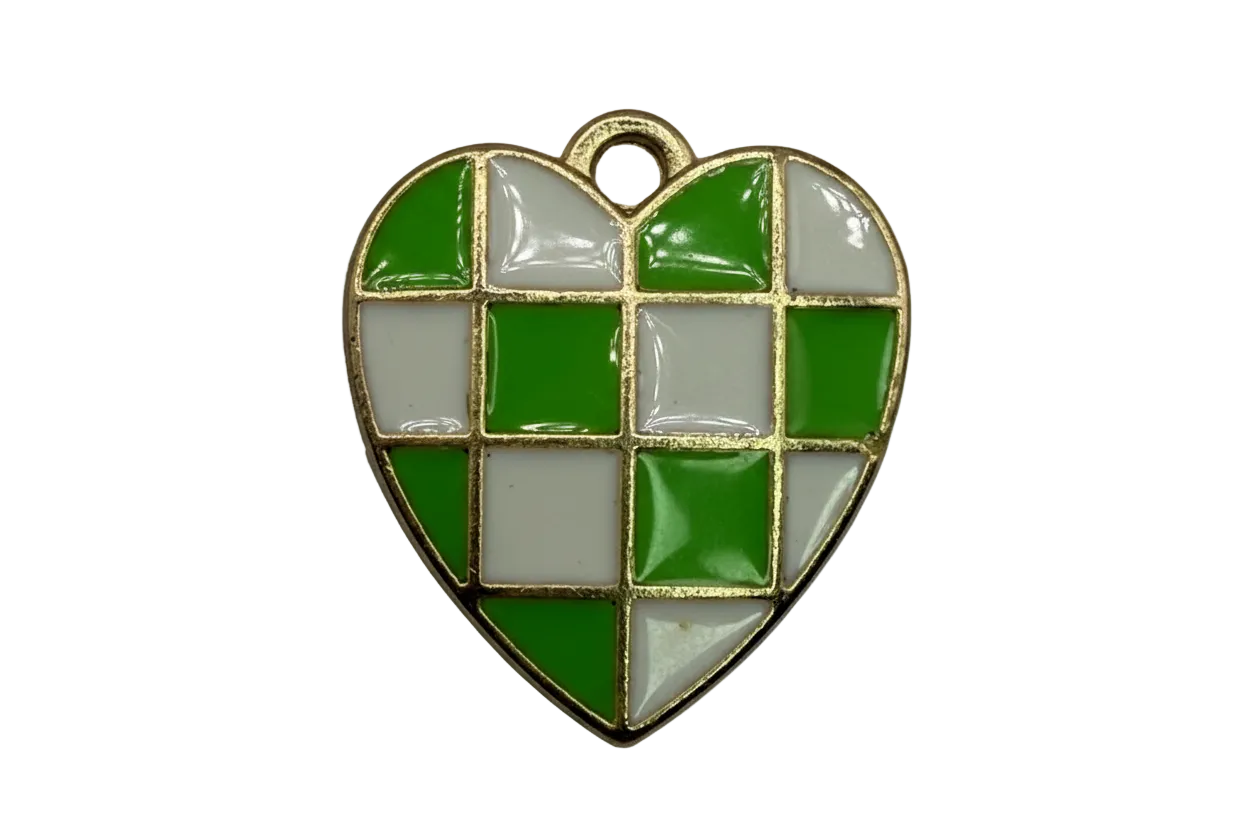 Green and white checkerboard heart with glossy enamel panels and gold outline