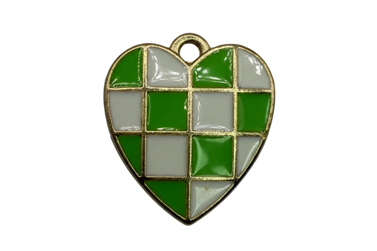 Green and white checkerboard heart with glossy enamel panels and gold outline