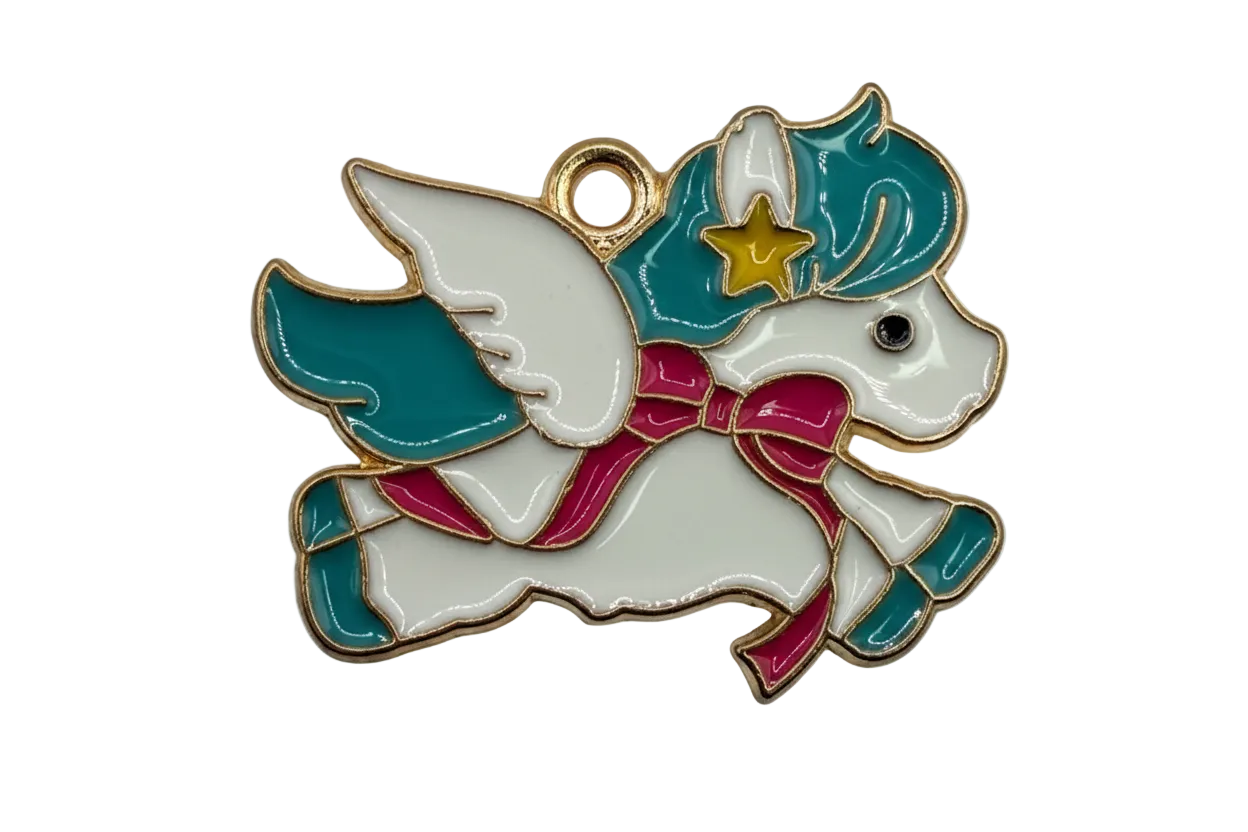 Gold-toned enamel winged unicorn with teal mane, magenta scarf, gold star detail, and clear gem accent