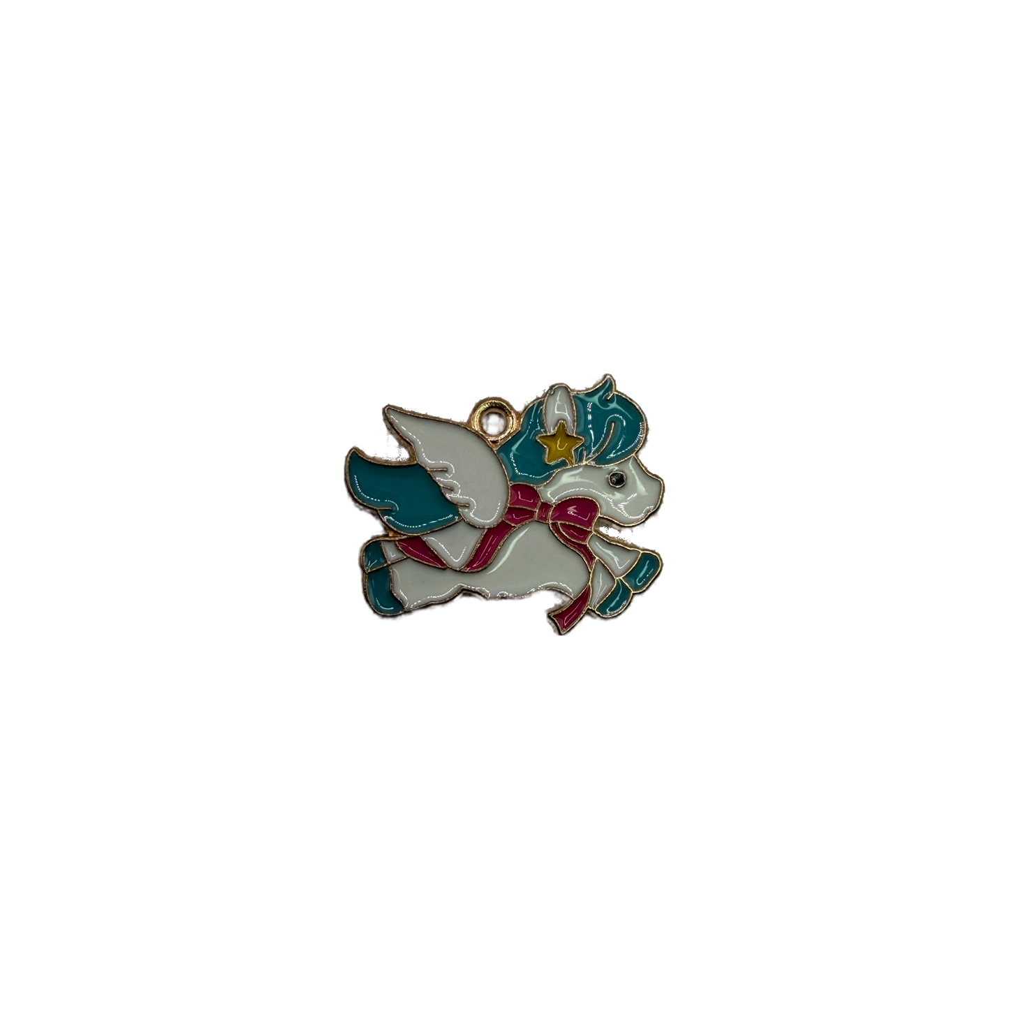 Enamel winged unicorn in white and teal with magenta scarf and clear gem