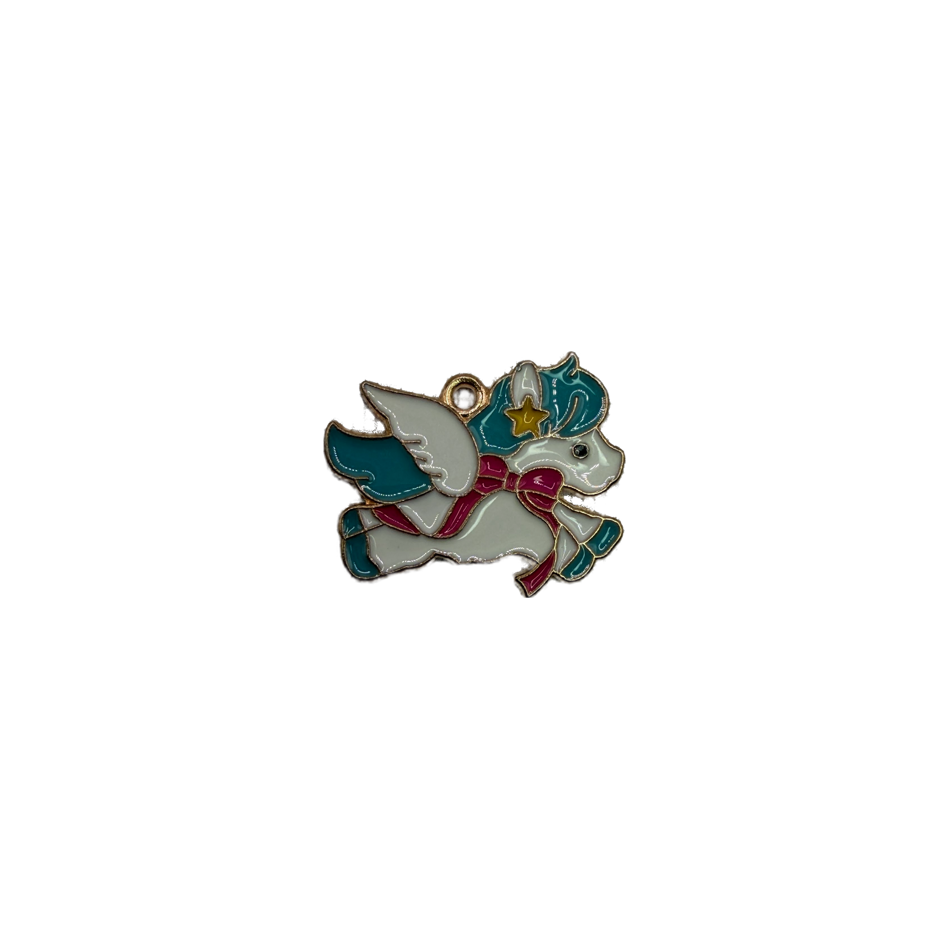 Enamel winged unicorn in white and teal with magenta scarf and clear gem