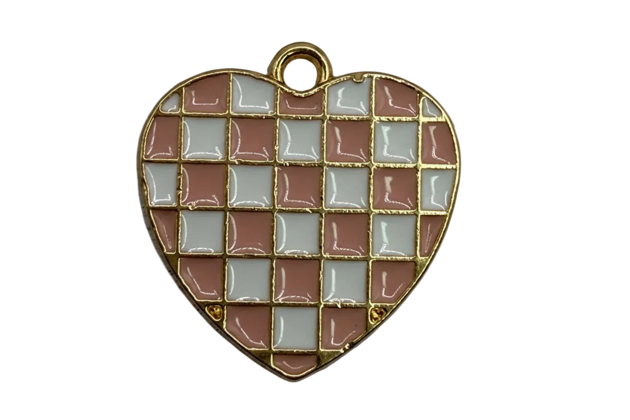 Gold heart with blush pink and ivory gingham enamel check pattern