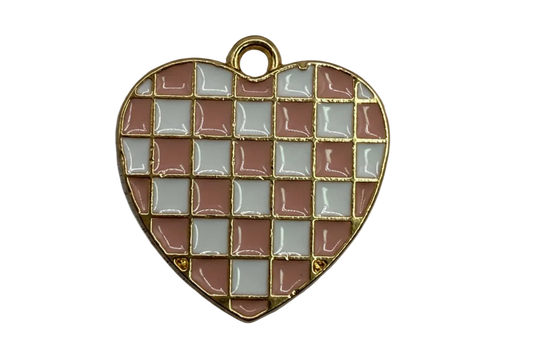 Gold heart with blush pink and ivory gingham enamel check pattern