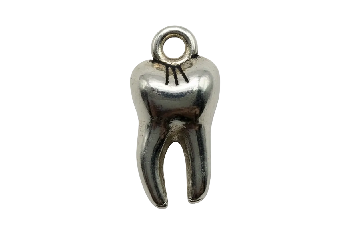 Polished silver-tone molar tooth charm with darkened details on a black background