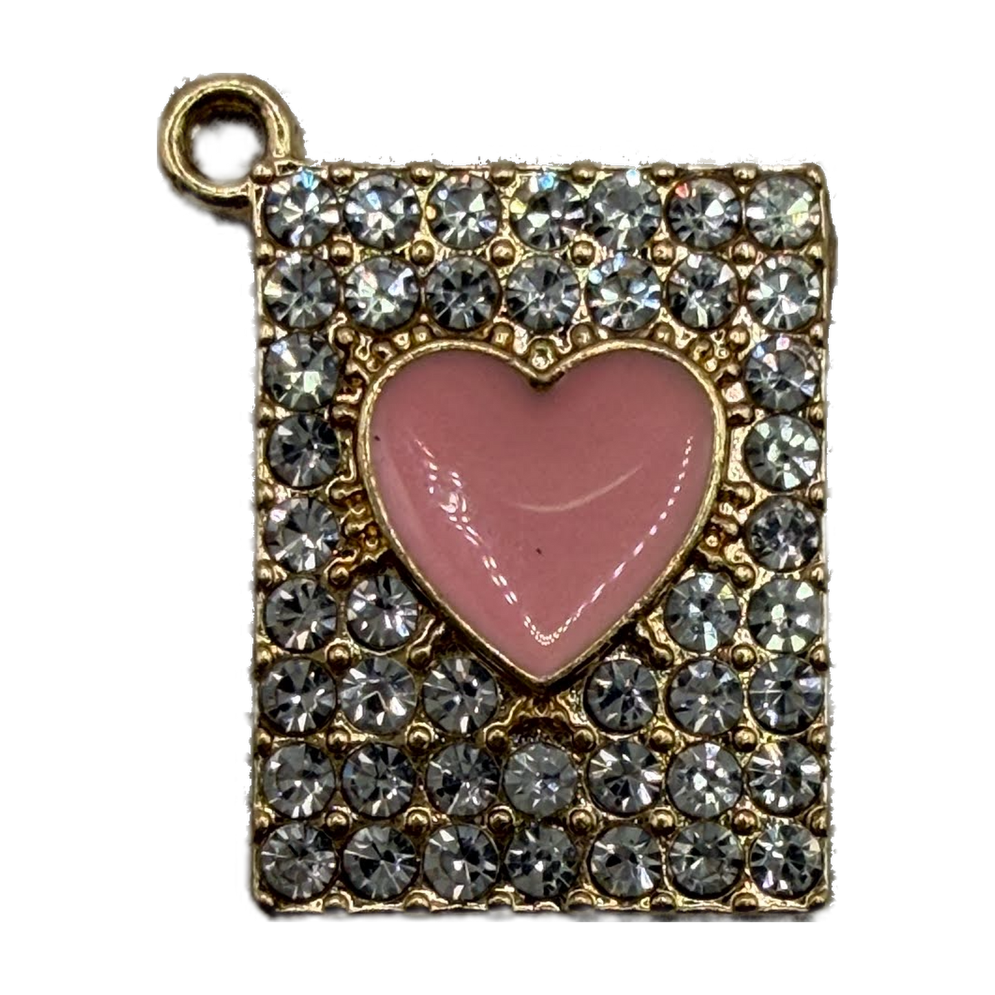 Gold rectangular pavé piece with clear crystals and a glossy pink heart center