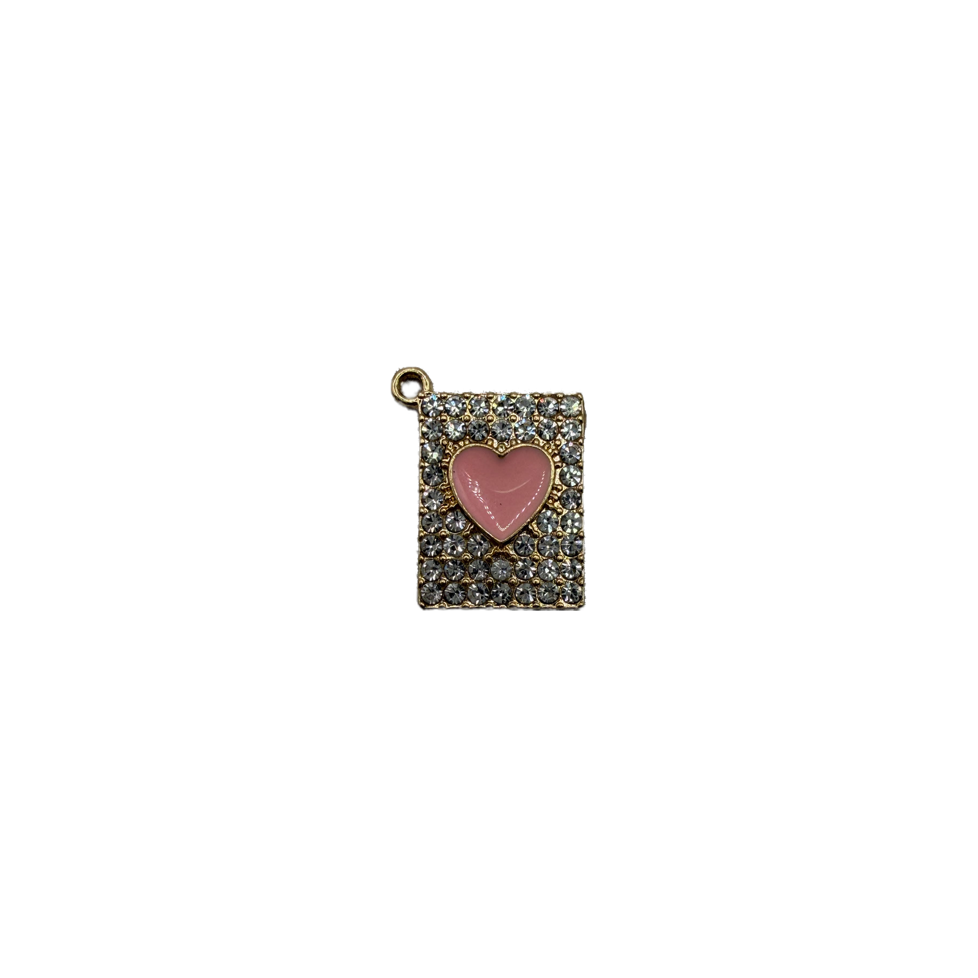 Gold pavé rectangle with clear crystals and pink heart