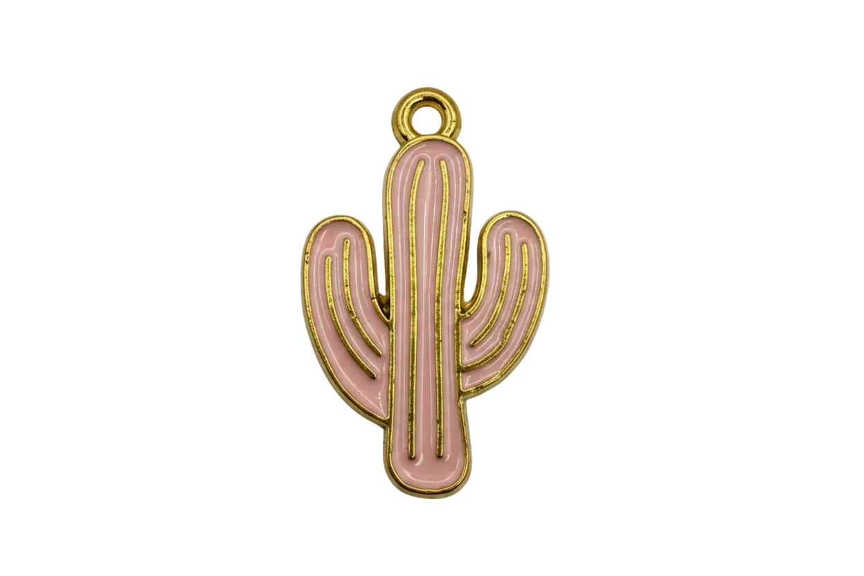 Blush pink enamel saguaro cactus charm with gold outline on black background