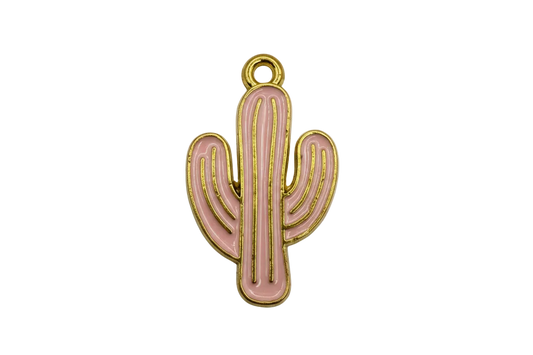 Blush pink enamel saguaro cactus charm with gold outline on black background