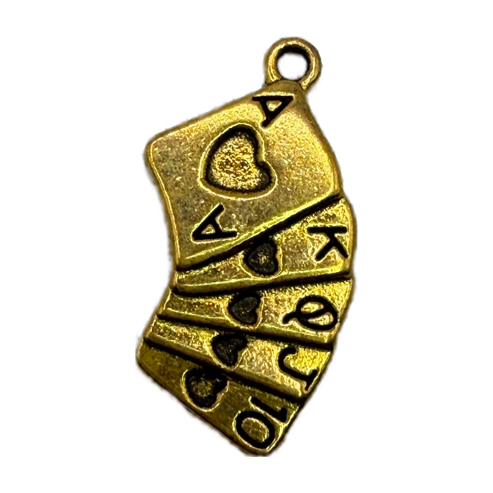 Gold stacked playing-card charm with heart cutouts and LOVE lettering, textured finish