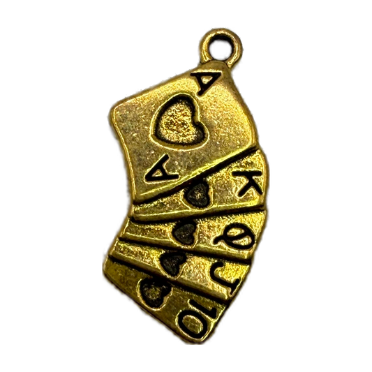 Gold stacked playing-card charm with heart cutouts and LOVE lettering, textured finish