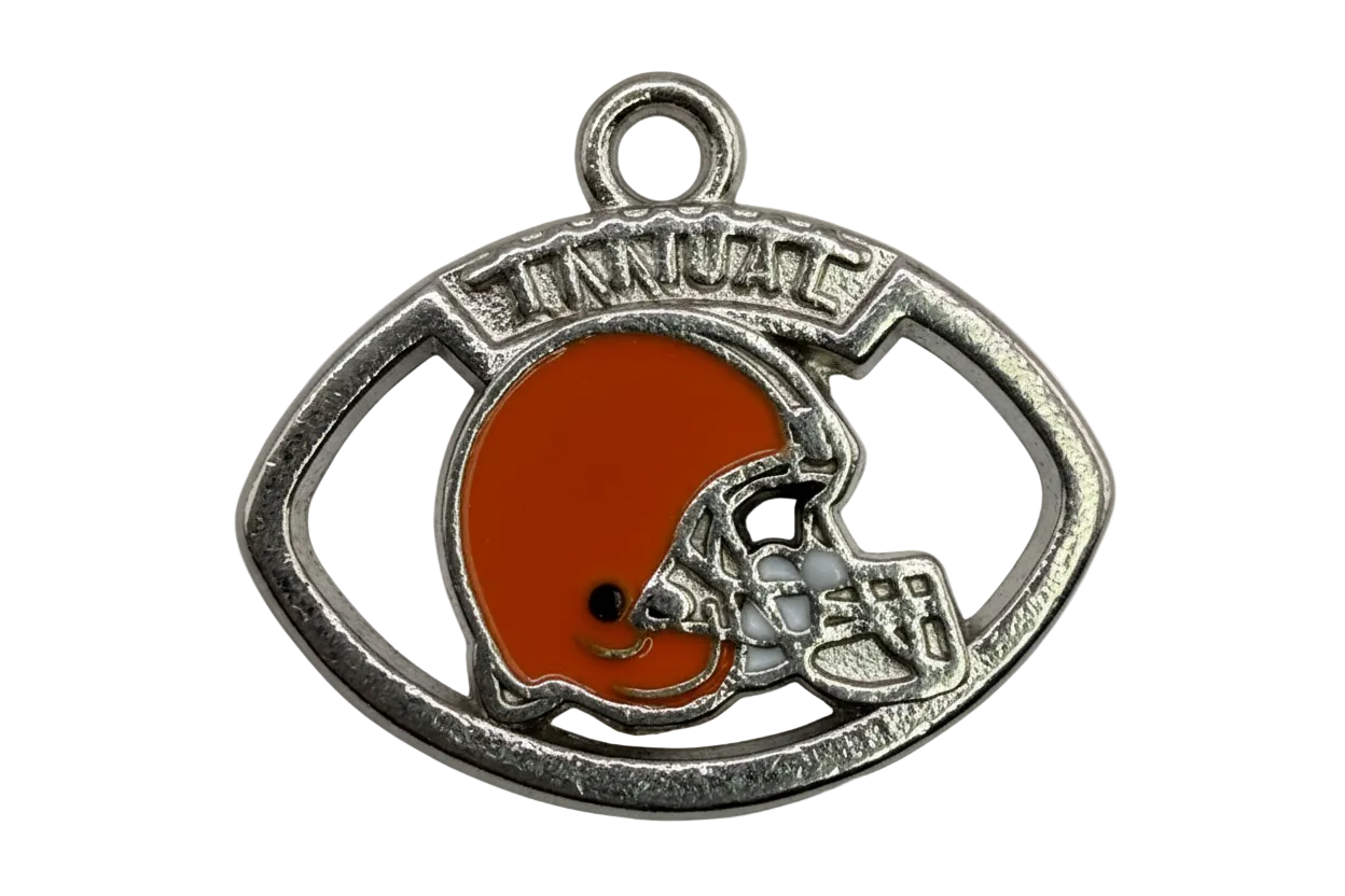 Antique-silver football-shaped emblem with orange enamel football helmet detail
