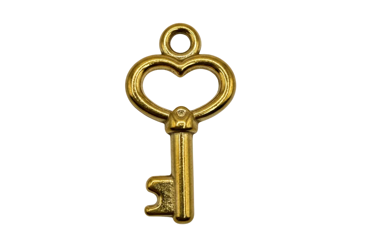 Polished gold key with open heart-shaped bow