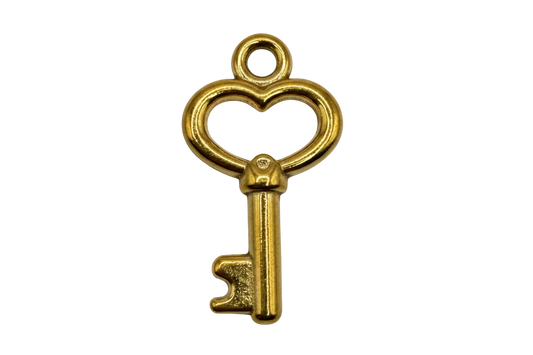 Polished gold key with open heart-shaped bow