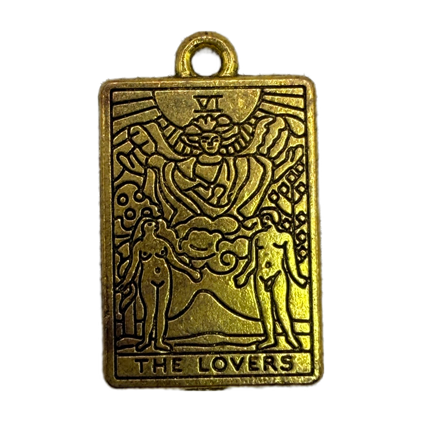 Antique gold rectangular tarot card charm with angel and lovers motif, Roman numeral VI