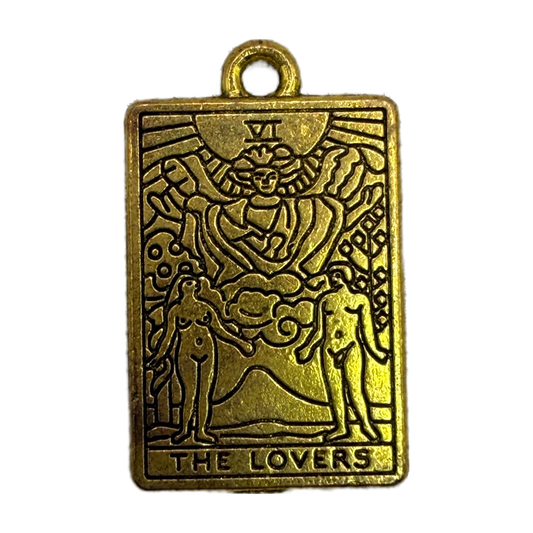 Antique gold rectangular tarot card charm with angel and lovers motif, Roman numeral VI